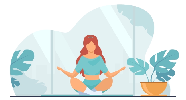 Woman in comfortable posture for meditation flat vector illustration. Female character doing morning yoga at home. Girl sitting in calm lotus pose. Wellness, healthcare and lifestyle concept